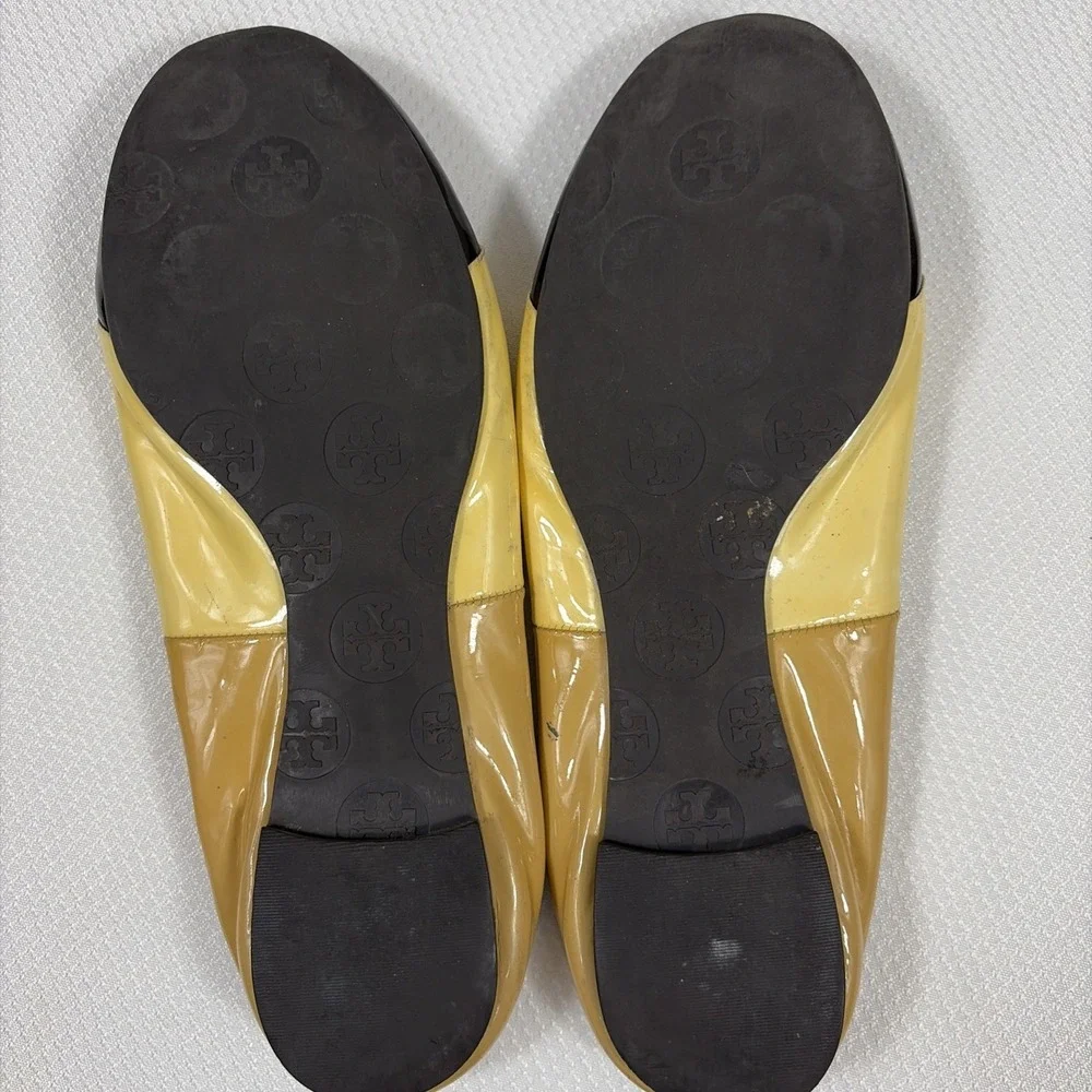 TORY BURCH Women's 7.5‎ - Beige & brown patent leather ballet flats shoes MINNIE